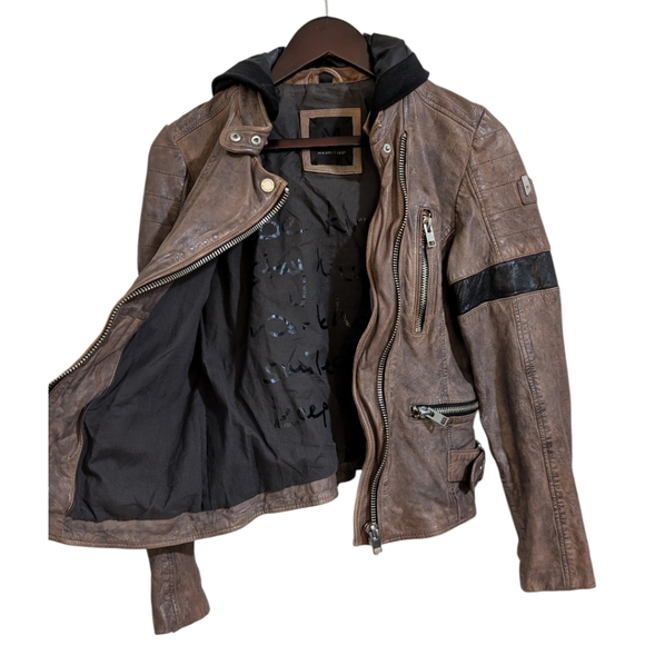 Mauritius "Megyn" Hooded Lambskin Leather Moto Jacket - Brown Size 8 Slim Fit - Picture 4 of 11